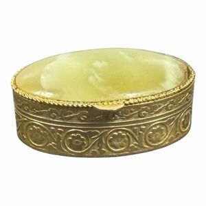 Vintage Gold Tone Jewelry Box: Green Gemstone Inlay, Floral Art Nouveau